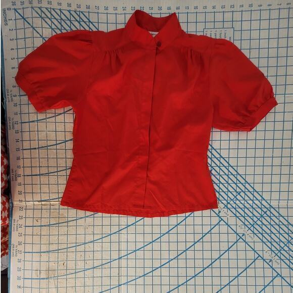 Vintage Preppy Illusion Button Up High Collar Short Puffy Sleeve‎ Blouse Shirt - Picture 5 of 15